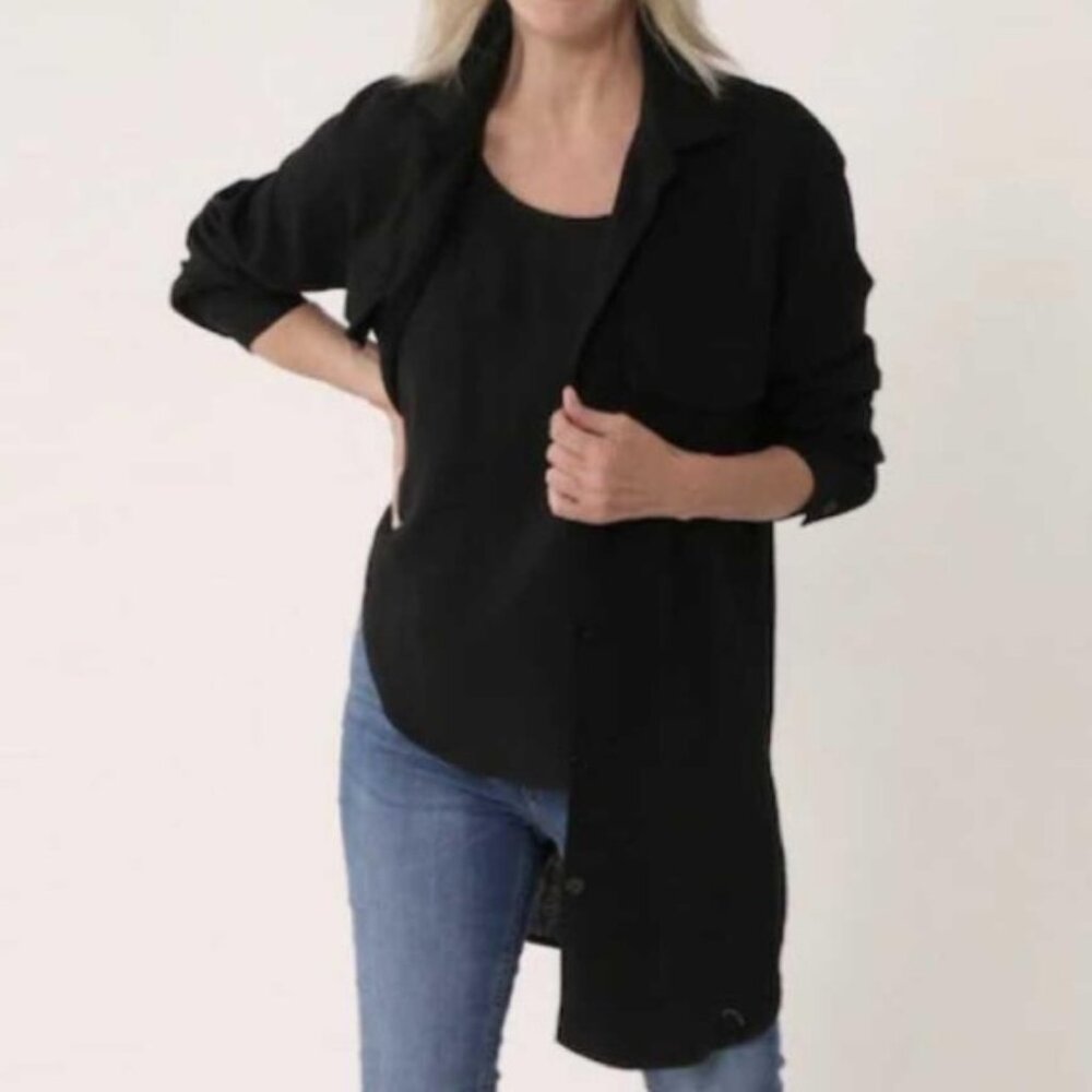 New Brian Bailey Black Linen Blend Long Button Down Shirt Top Size XL bin 4A